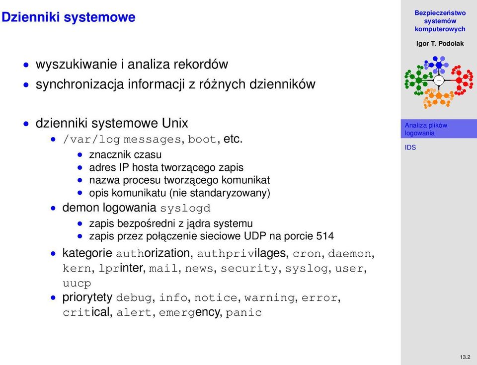 znacznik czasu adres IP hosta tworzacego zapis nazwa procesu tworzacego komunikat opis komunikatu (nie standaryzowany) demon syslogd zapis