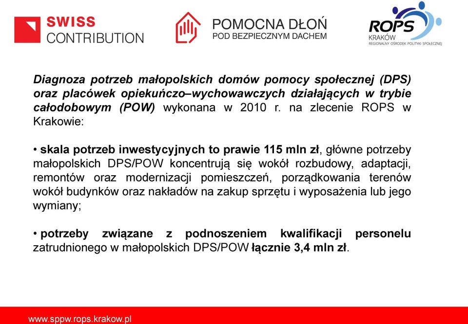 na zlecenie ROPS w Krakowie: skala potrzeb inwestycyjnych to prawie 115 mln zł, główne potrzeby małopolskich DPS/POW koncentrują się wokół