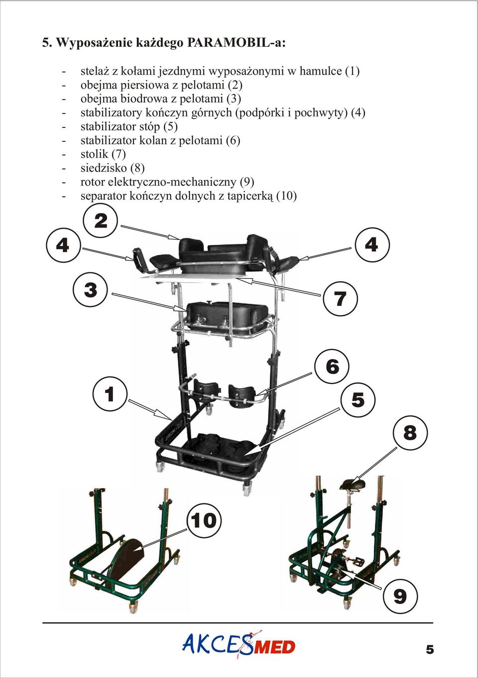 pochwyty) (4) - stabilizator stóp (5) - stabilizator kolan z pelotami (6) - stolik (7) - siedzisko
