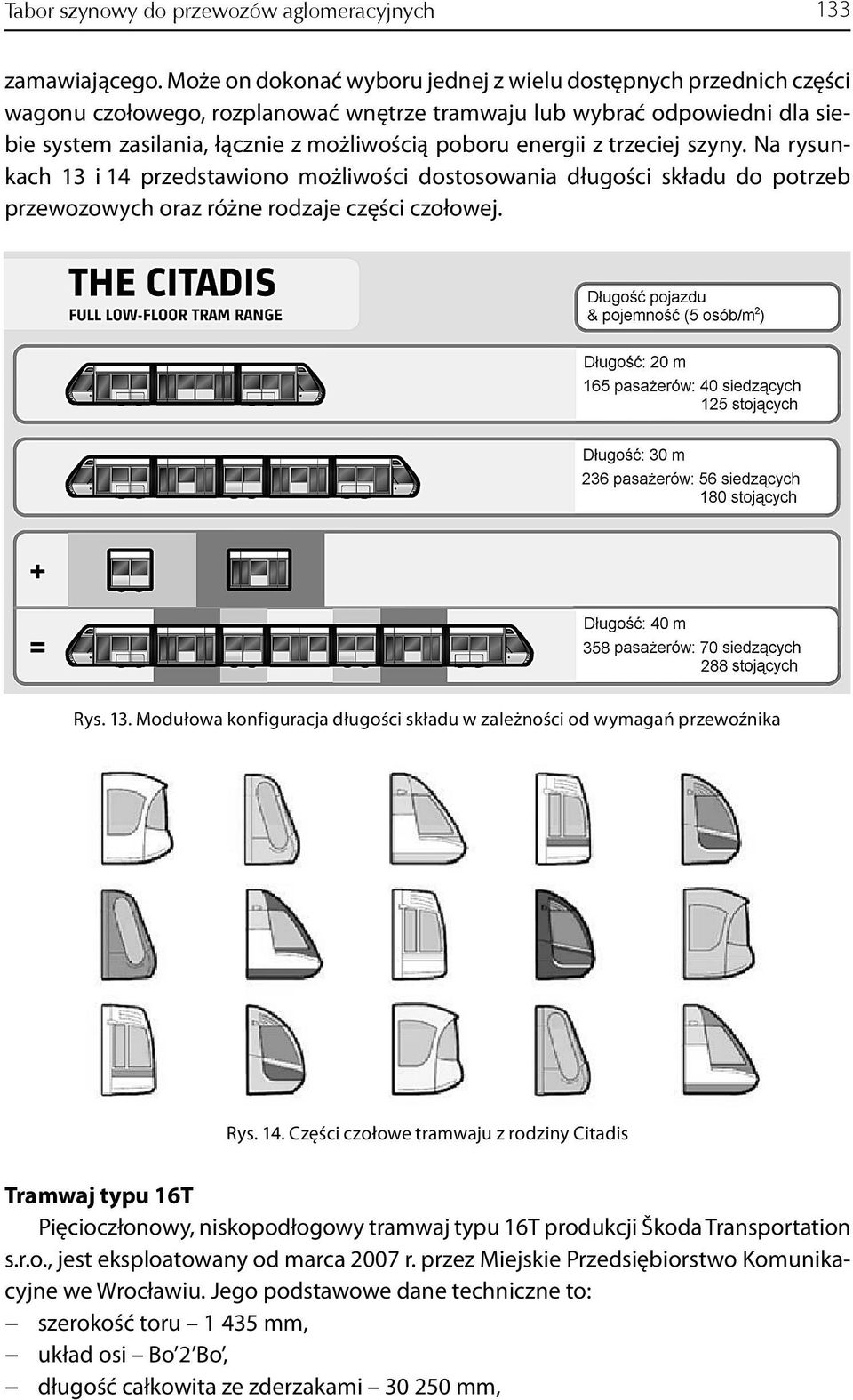 energii z trzeciej szyny. Na rysunkach 13 i 14 przedstawiono możliwości dostosowania długości składu do potrzeb przewozowych oraz różne rodzaje części czołowej. Rys. 13. Modułowa konfiguracja długości składu w zależności od wymagań przewoźnika Rys.