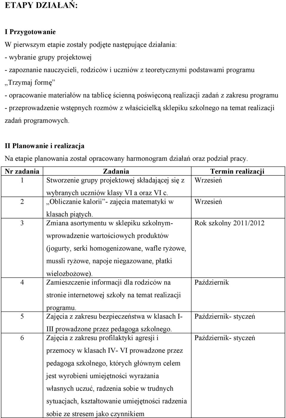 programowych. II Planowanie i realizacja Na etapie planowania został opracowany harmonogram działań oraz podział pracy.