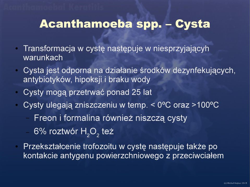 dezynfekujących, antybiotyków, hipoksji i braku wody Cysty mogą przetrwać ponad 25 lat Cysty ulegają