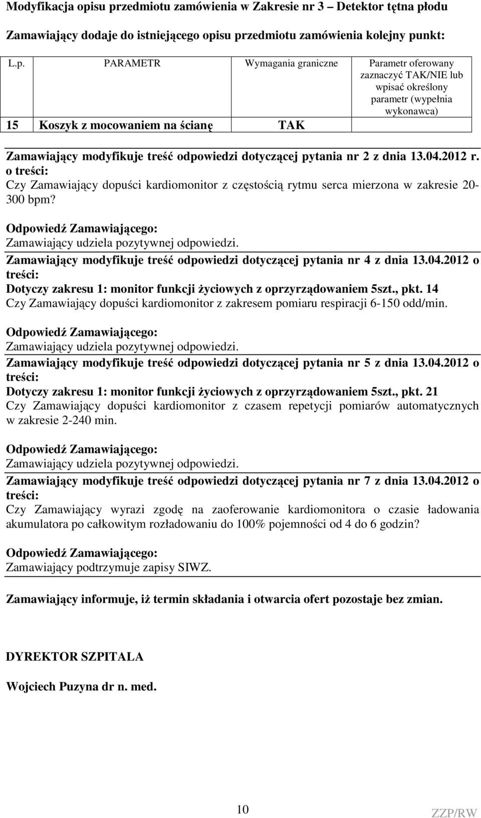 zaznaczyć TAK/NIE lub wpisać określony parametr (wypełnia wykonawca) 15 Koszyk z mocowaniem na ścianę TAK Zamawiający modyfikuje treść odpowiedzi dotyczącej pytania nr 2 z dnia 13.04.2012 r.