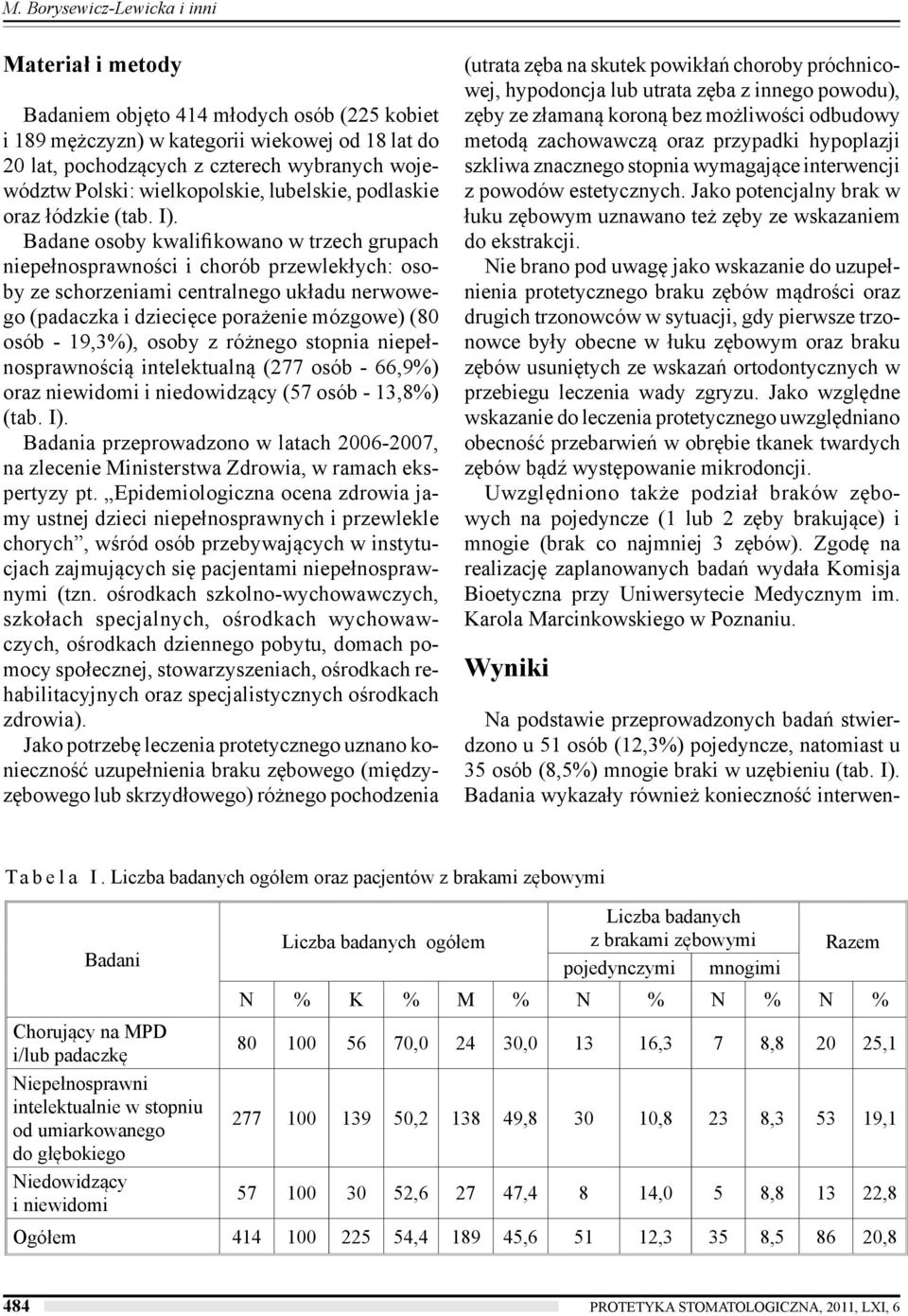 Badane osoby kwalifikowano w trzech grupach niepełnosprawności i chorób przewlekłych: osoby ze schorzeniami centralnego układu nerwowego (padaczka i dziecięce porażenie mózgowe) (80 osób - 19,3%),