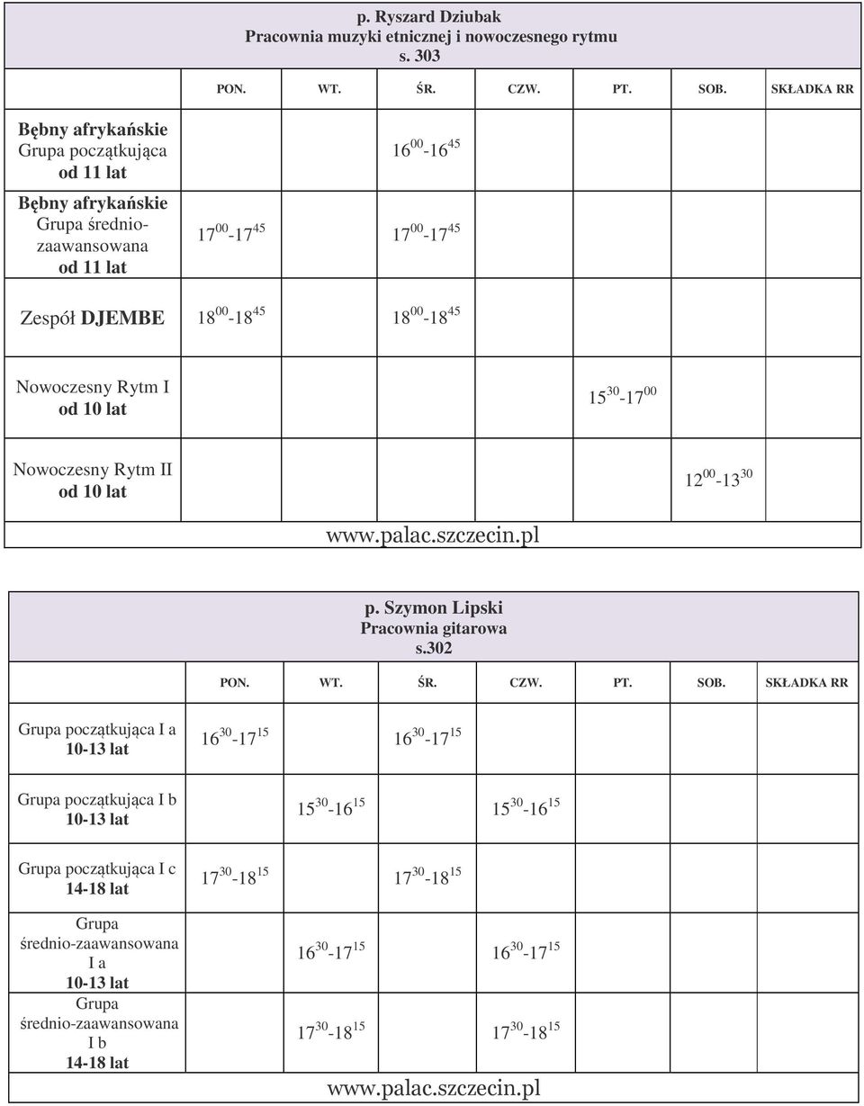 00-18 45 Nowoczesny Rytm I od 10 lat 15 30-17 00 Nowoczesny Rytm II od 10 lat 12 00-13 30 p. Szymon Lipski Pracownia gitarowa s.