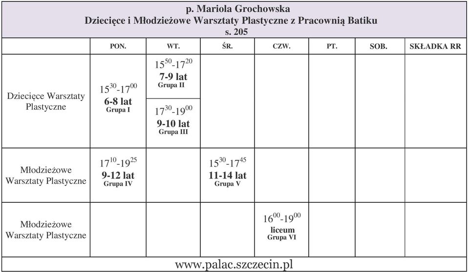 205 Dziecięce Warsztaty Plastyczne 15 30-17 00 6-8 lat I 15 50-17 20 7-9 lat II 17