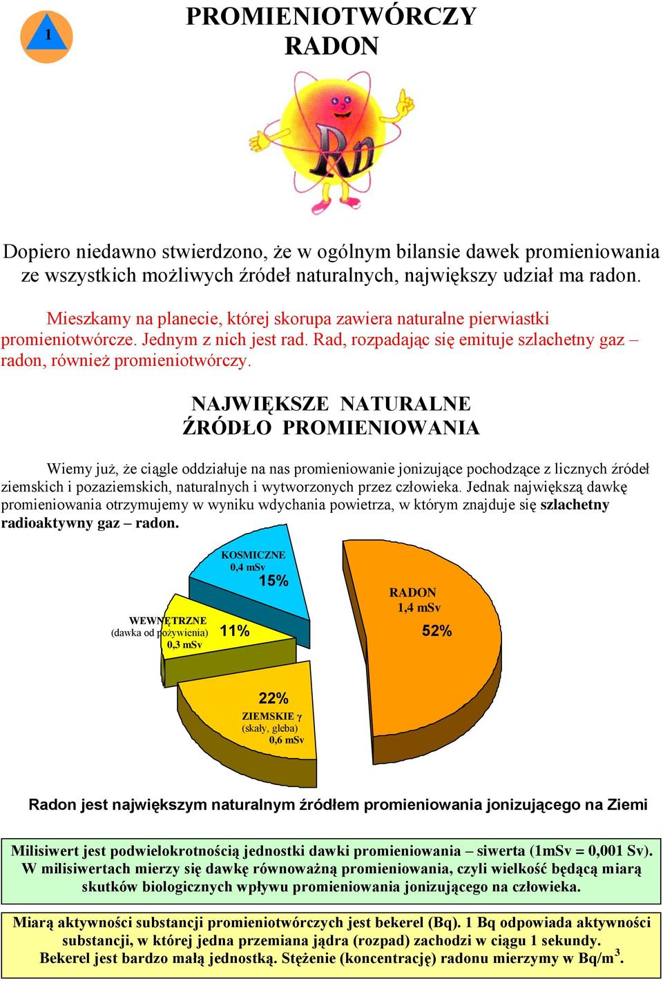 NAJWIĘKSZE NATURALNE ŹRÓDŁO PROMIENIOWANIA Wiemy już, że ciągle oddziałuje na nas promieniowanie jonizujące pochodzące z licznych źródeł ziemskich i pozaziemskich, naturalnych i wytworzonych przez