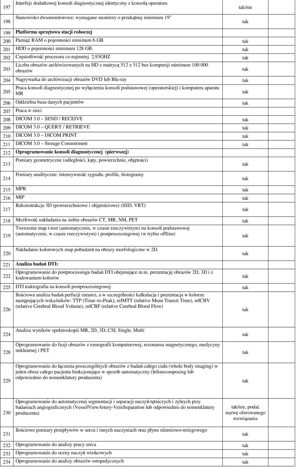 202 Częstotliwość procesora co najmniej 2,93GHZ Liczba obrazów archiwizowanych na HD z matrycą 512 x 512 bez kompresji minimum 100 000 203 obrazów 204 Nagrywarka do archiwizacji obrazów DVD lub