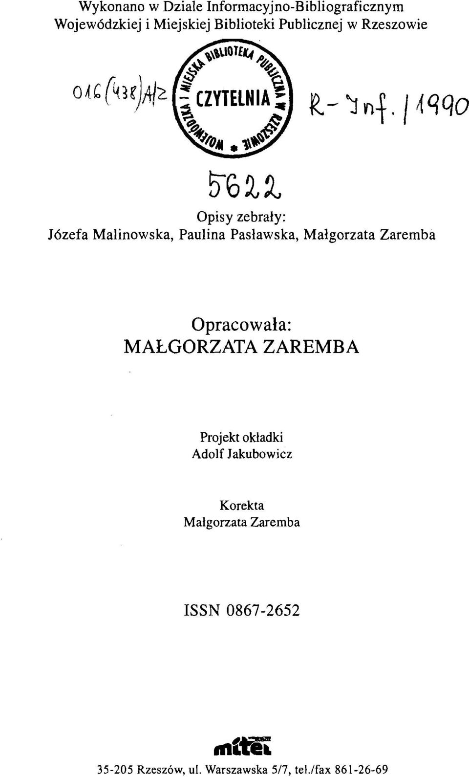 Malgorzata Zaremba Opracowala: MAEGORZATA ZAREMBA Projekt okladki Adolf Jakubowicz