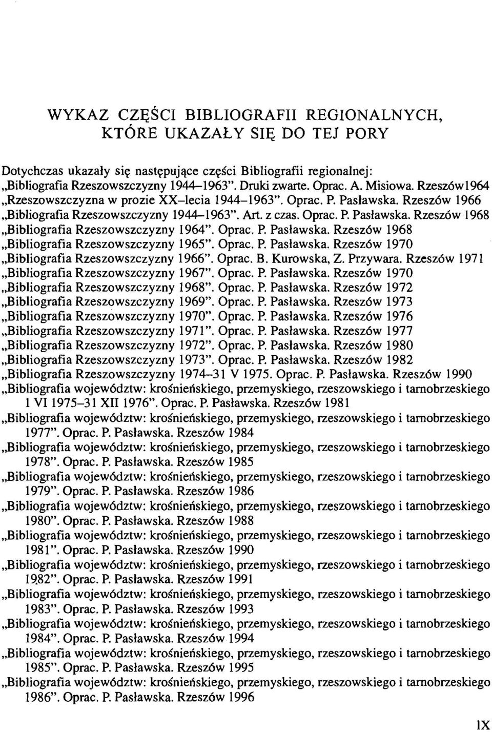 Rzeszdw 1968,,Bibliografia Rzeszowszczyzny 1964". Oprac. P. Paslawska. Rzesz6w 1968,,Bibliografia Rzeszowszczyzny 1965". Oprac. P. Paslawska. Rzesz6w 1970,,Bibliografia Rzeszowszczyzny 1966". Oprac. B.