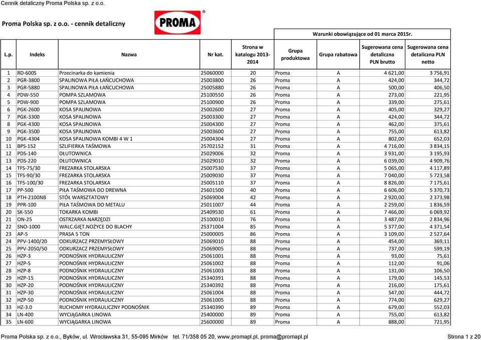 Proma A 500,00 406,50 4 PDW-550 POMPA SZLAMOWA 25100550 26 Proma A 273,00 221,95 5 PDW-900 POMPA SZLAMOWA 25100900 26 Proma A 339,00 275,61 6 PGK-2600 KOSA SPALINOWA 25002600 27 Proma A 405,00 329,27