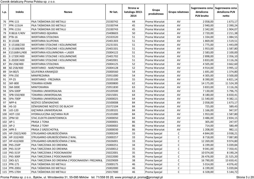 334,00 1 084,55 81 B 1316B WIERTARKA SŁUPOWA 25401303 51 Proma Warsztat AV 1 869,00 1 519,51 82 E-1516B/230 WIERTARKI STOŁOWE I KOLUMNOWE 25231501 51 Proma Warsztat AV 1 775,00 1 443,09 83