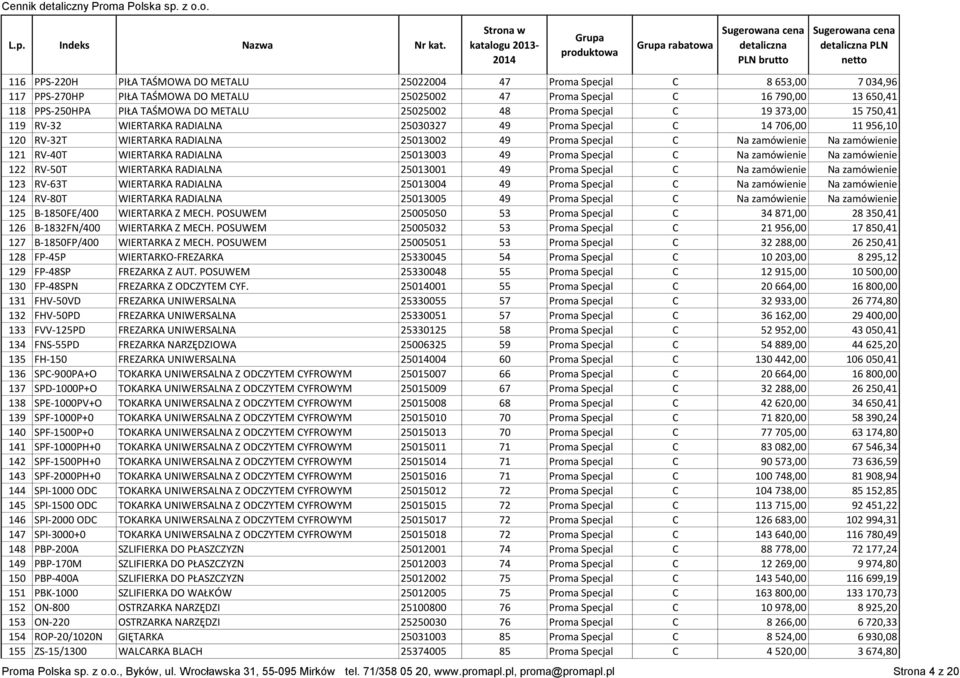 zamówienie Na zamówienie 121 RV-40T WIERTARKA RADIALNA 25013003 49 Proma Specjal C Na zamówienie Na zamówienie 122 RV-50T WIERTARKA RADIALNA 25013001 49 Proma Specjal C Na zamówienie Na zamówienie