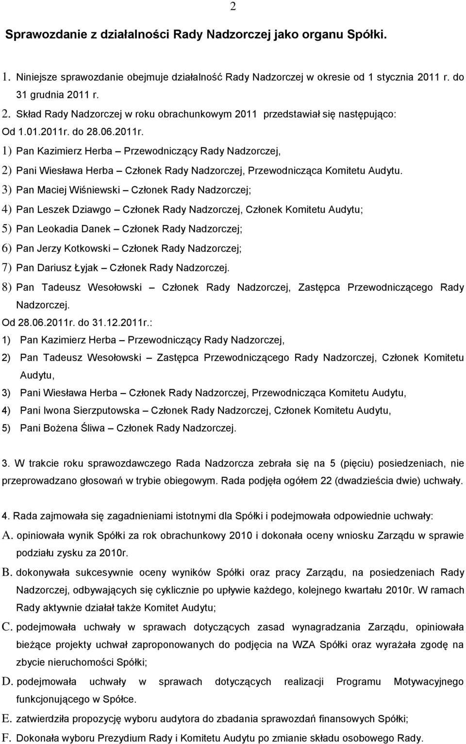 3) Pan Maciej Wiśniewski Członek Rady Nadzorczej; 4) Pan Leszek Dziawgo Członek Rady Nadzorczej, Członek Komitetu Audytu; 5) Pan Leokadia Danek Członek Rady Nadzorczej; 6) Pan Jerzy Kotkowski Członek