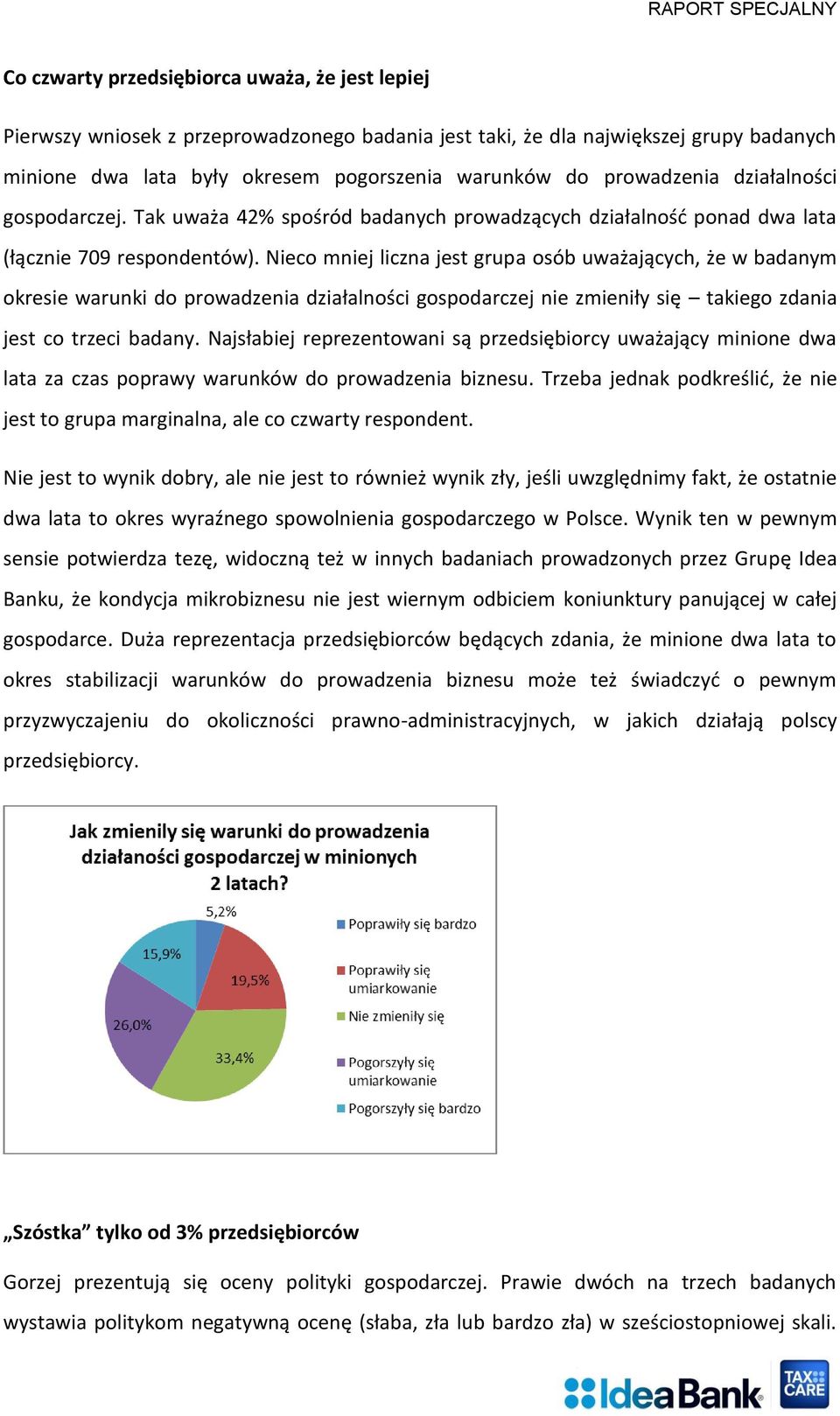 Nieco mniej liczna jest grupa osób uważających, że w badanym okresie warunki do prowadzenia działalności gospodarczej nie zmieniły się takiego zdania jest co trzeci badany.