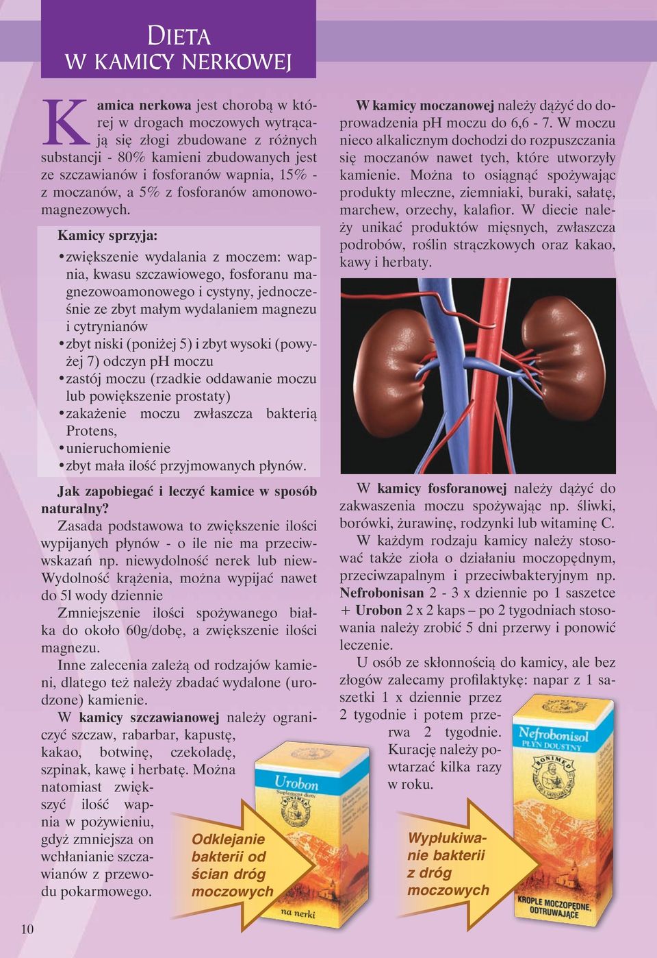 Kamicy sprzyja: zwiększenie wydalania z moczem: wapnia, kwasu szczawiowego, fosforanu magnezowoamonowego i cystyny, jednocześnie ze zbyt małym wydalaniem magnezu i cytrynianów zbyt niski (poniżej 5)