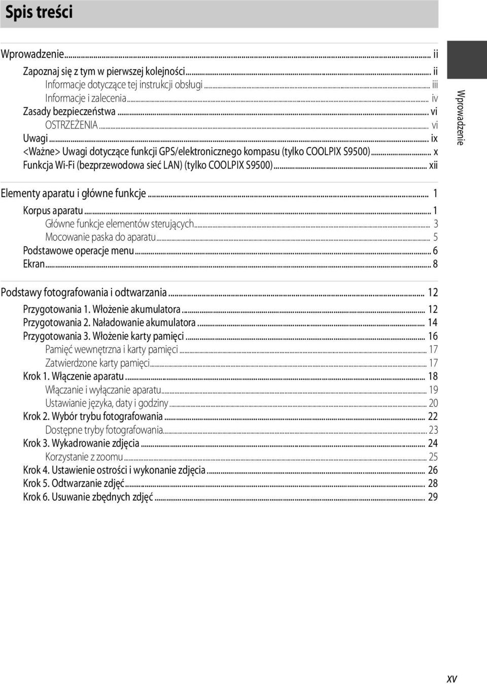 .. xii Wprowadzenie Elementy aparatu i główne funkcje... 1 Korpus aparatu... 1 Główne funkcje elementów sterujących... 3 Mocowanie paska do aparatu... 5 Podstawowe operacje menu... 6 Ekran.