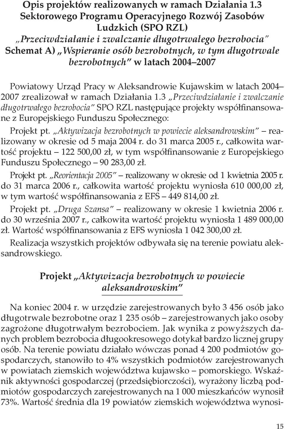 latach 2004 2007 Powiatowy Urząd Pracy w Aleksandrowie Kujawskim w latach 2004 2007 zrealizował w ramach Działania 1.