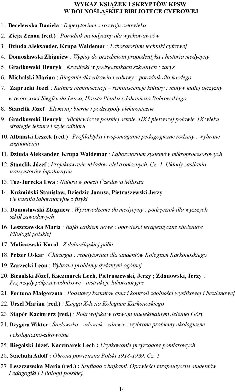 Gradkowski Henryk : Krasiński w podręcznikach szkolnych : zarys 6. Michalski Marian : Bieganie dla zdrowia i zabawy : poradnik dla każdego 7.