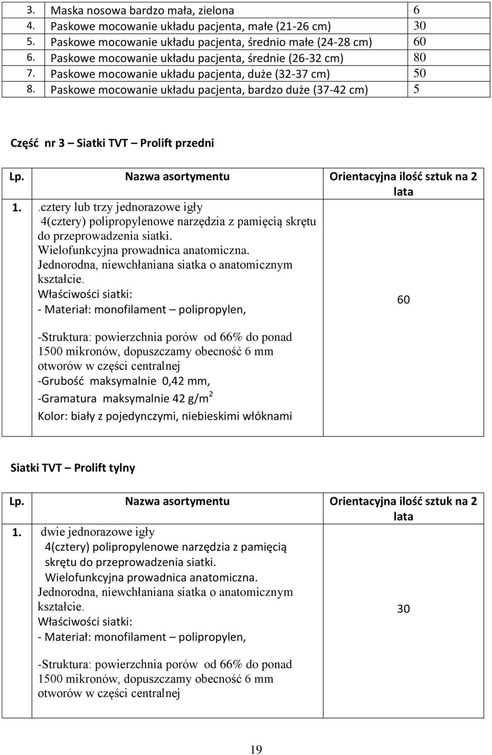 Paskowe mocowanie układu pacjenta, bardzo duże (37-42 cm) 5 Część nr 3 Siatki TVT Prolift przedni Lp. Nazwa asortymentu Orientacyjna ilość sztuk na 2 lata 1.