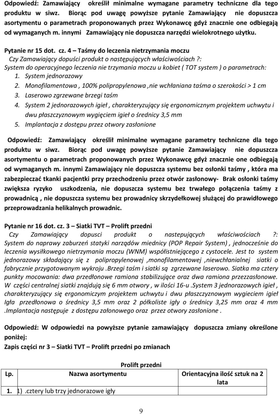 innymi Zamawiający nie dopuszcza narzędzi wielokrotnego użytku. Pytanie nr 15 dot. cz. 4 Taśmy do leczenia nietrzymania moczu Czy Zamawiający dopuści produkt o następujących właściwościach?