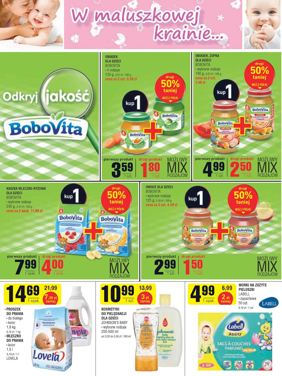 drugi KASZKA MLECZNO-RYŻOWA DLA DZIECI 50% BOBOVITA 230 g, 3,47 zł / 100 g cena za 2 opak.