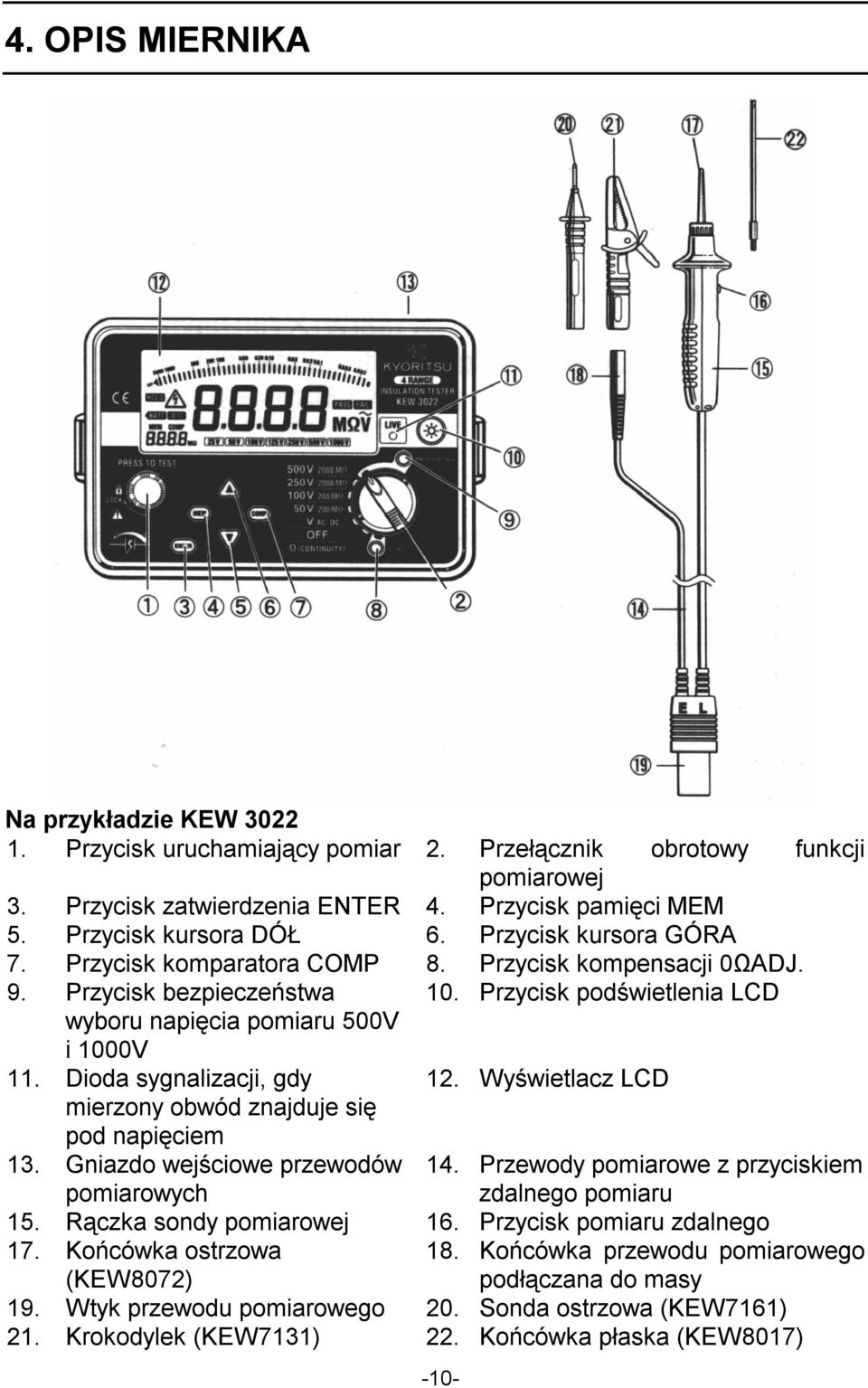 Dioda sygnalizacji, gdy 12. Wyświetlacz LCD mierzony obwód znajduje się pod napięciem 13. Gniazdo wejściowe przewodów pomiarowych 14. Przewody pomiarowe z przyciskiem zdalnego pomiaru 15.