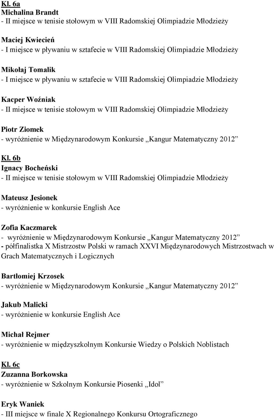 Międzynarodowych Mistrzostwach w Grach Matematycznych i Logicznych Bartłomiej Krzosek Jakub Malicki - wyróżnienie w konkursie English Ace Michał