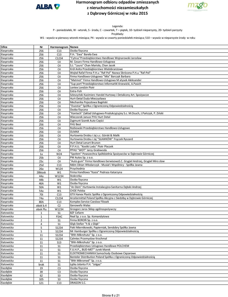 H.u ''Raf-Pol'' Kasprzaka 256 C4 Firma Handlowo-Usługowa ''Mix'' Barczyk Barbara Kasprzaka 256 C4 ''Matmot'' Firma Handlowo-Usługowa M atysek Aleksander Kasprzaka 256 C4 ''Sup port''przedsiębiorstwo