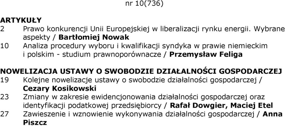 Przemysław Feliga NOWELIZACJA USTAWY O SWOBODZIE DZIAŁALNOŚCI GOSPODARCZEJ 19 Kolejne nowelizacje ustawy o swobodzie działalności gospodarczej / Cezary