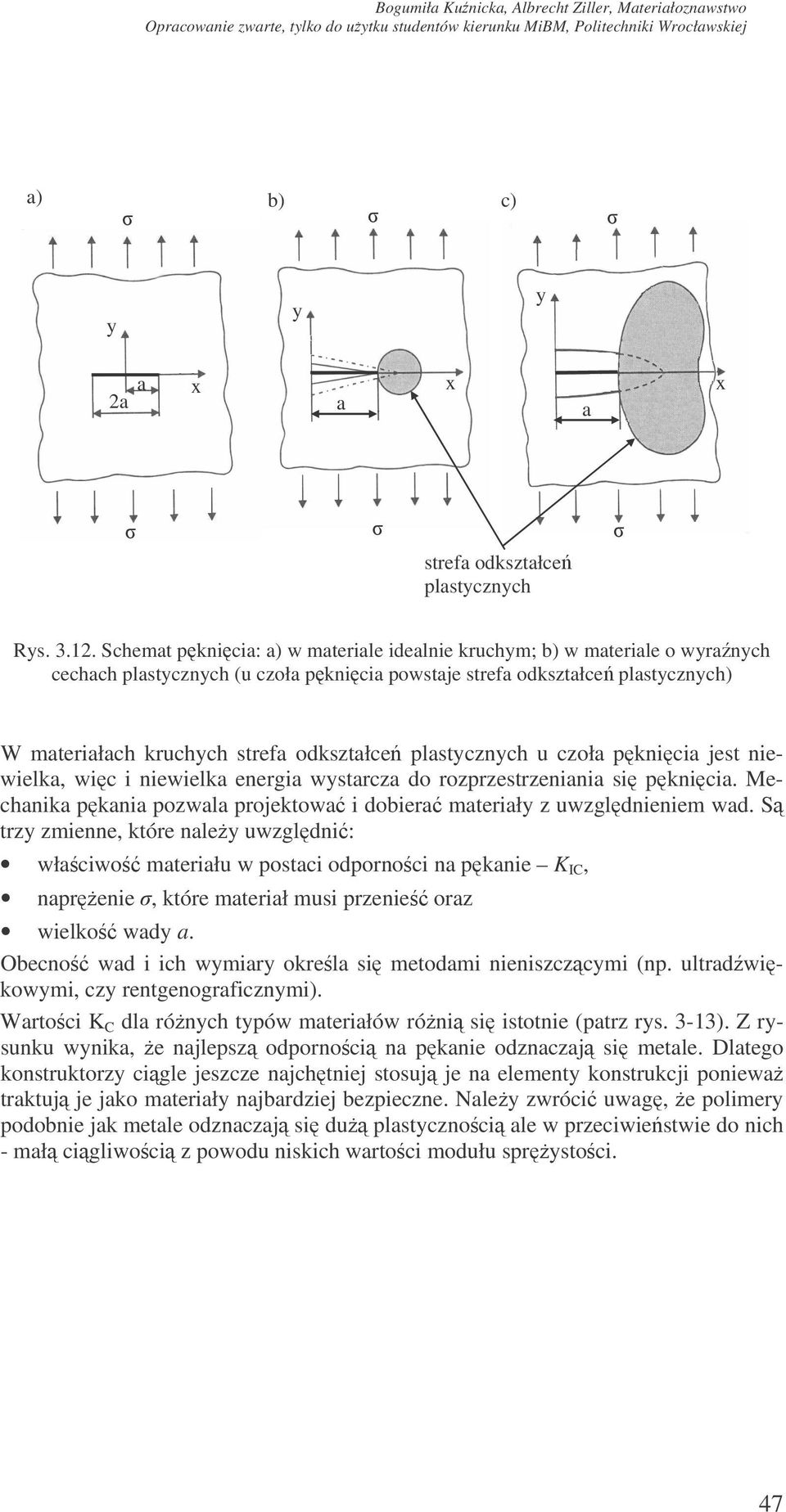 plastycznych u czoła pknicia jest niewielka, wic i niewielka energia wystarcza do rozprzestrzeniania si pknicia. Mechanika pkania pozwala projektowa i dobiera materiały z uwzgldnieniem wad.