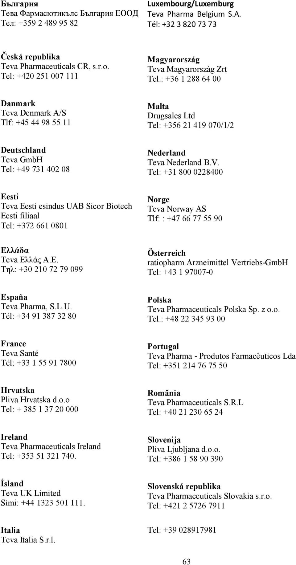 Tel: +31 800 0228400 Eesti Teva Eesti esindus UAB Sicor Biotech Eesti filiaal Tel: +372 661 0801 Norge Teva Norway AS Tlf: : +47 66 77 55 90 Ελ