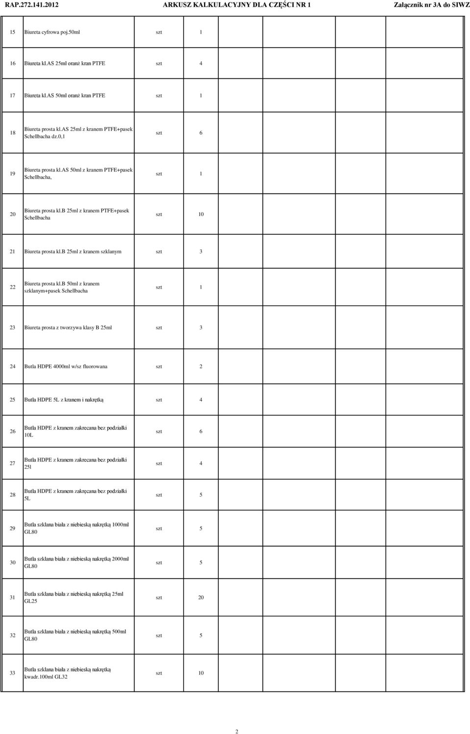 b 50ml z kranem szklanym+pasek Schellbacha 23 Biureta prosta z tworzywa klasy B 25ml szt 3 24 Butla HDPE 4000ml w/sz fluorowana 25 Butla HDPE 5L z kranem i nakrętką 26 Butla HDPE z kranem zakrecana