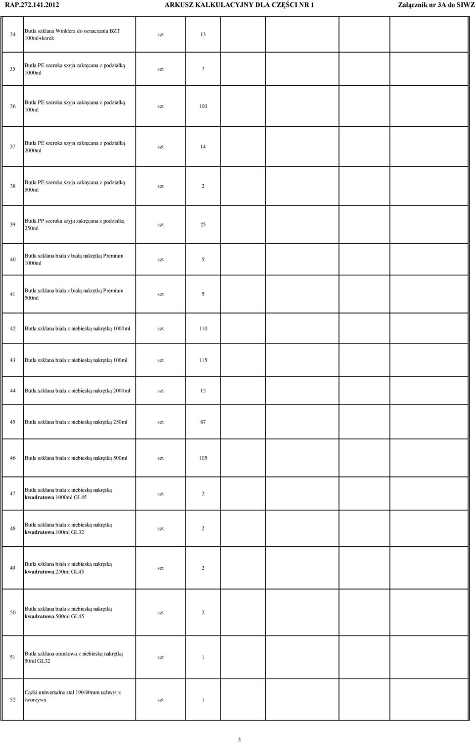 1000ml 41 Butla szklana biała z białą nakrętką Premium 500ml 42 Butla szklana biała z niebieską nakrętką 1000ml 10 43 Butla szklana biała z niebieską nakrętką 100ml 15 44 Butla szklana biała z