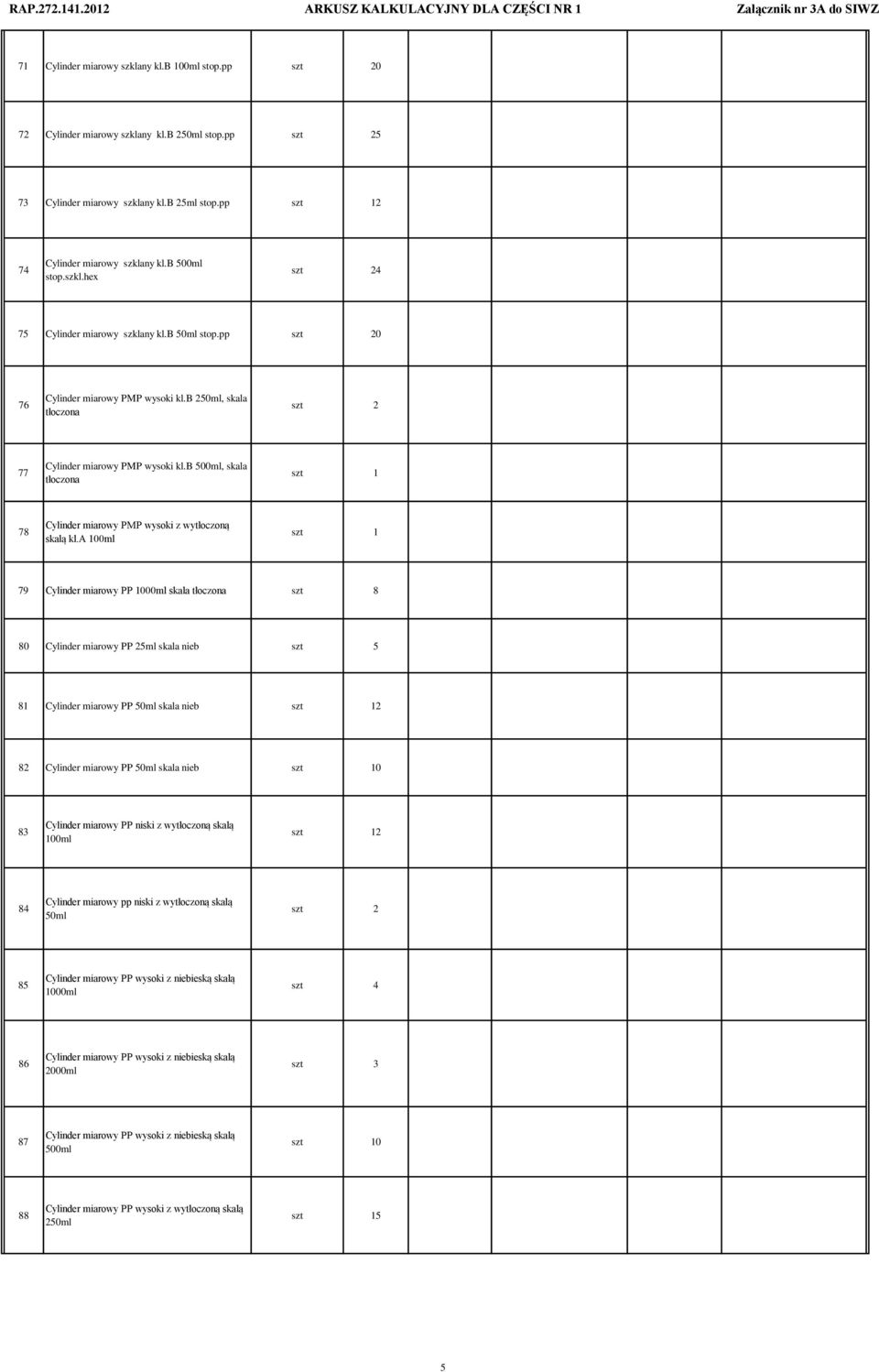 a 100ml 79 Cylinder miarowy PP 1000ml skala tłoczona szt 8 80 Cylinder miarowy PP 25ml skala nieb 81 Cylinder miarowy PP 50ml skala nieb 2 82 Cylinder miarowy PP 50ml skala nieb 0 83 Cylinder miarowy