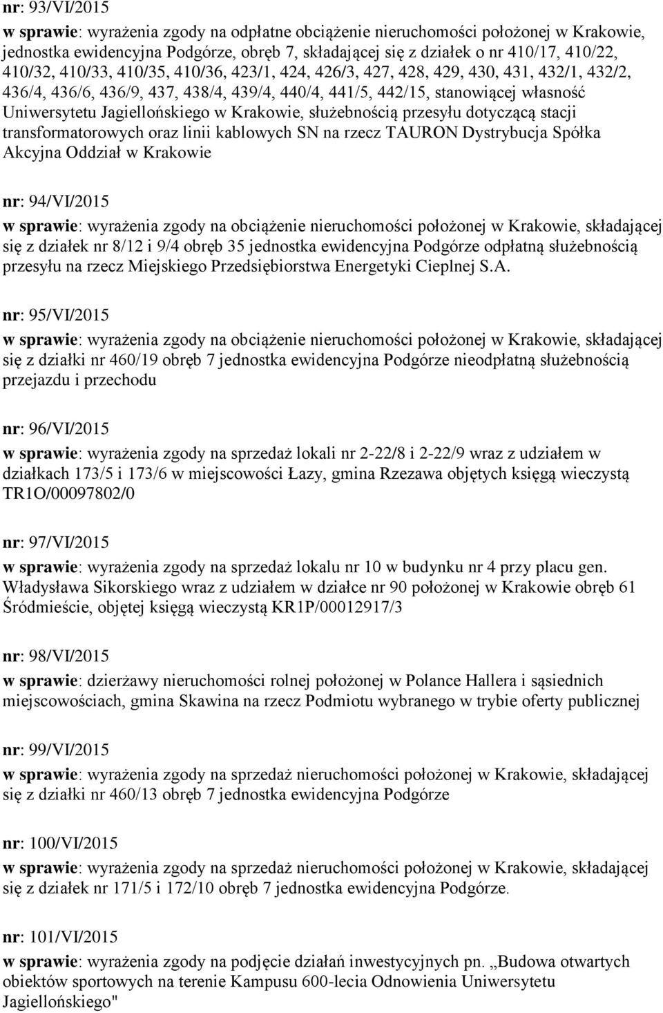 Krakowie, służebnością przesyłu dotyczącą stacji transformatorowych oraz linii kablowych SN na rzecz TAURON Dystrybucja Spółka Akcyjna Oddział w Krakowie nr: 94/VI/2015 w sprawie: wyrażenia zgody na