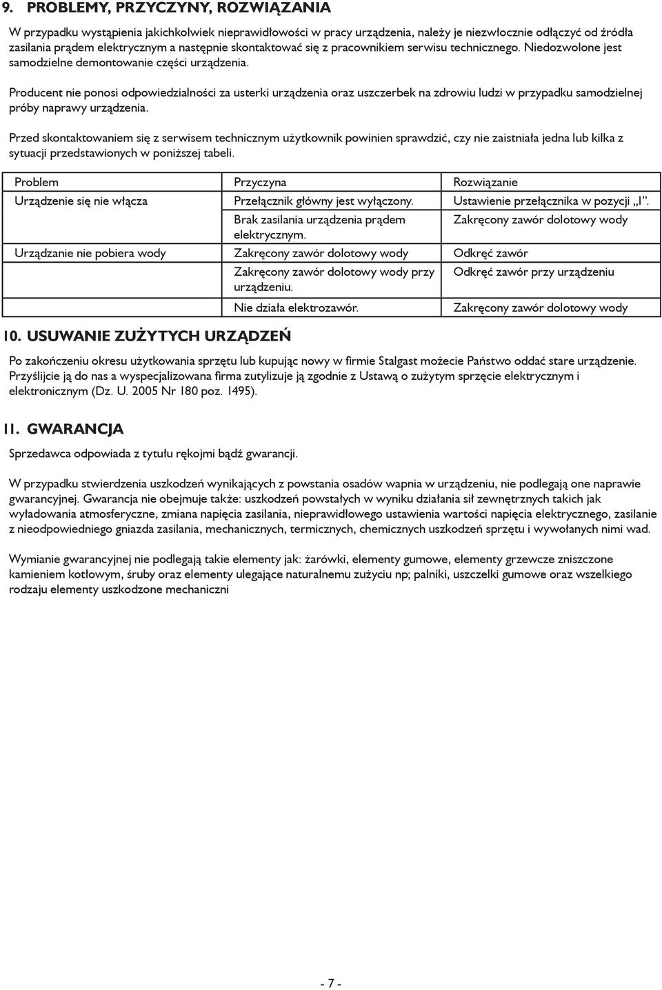 Producent nie ponosi odpowiedzialności za usterki urządzenia oraz uszczerbek na zdrowiu ludzi w przypadku samodzielnej próby naprawy urządzenia.