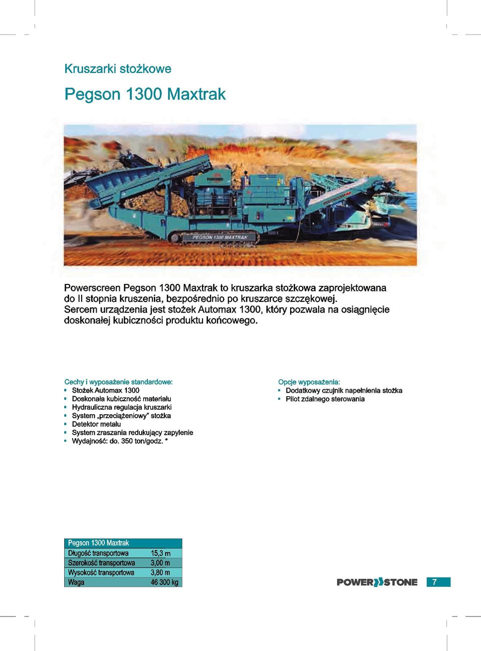 Stozek Automax 1300 Doskonata kubicznosc materialu Hydrauliczna regulacja kruszarki System przeciqzeniowy" stozka Detektor metalu System zraszania redukujqcy