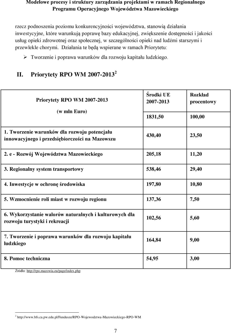 Priorytety RPO WM 2007-2013 2 Priorytety RPO WM 2007-2013 (w mln Euro) Środki UE 2007-2013 Rozkład procentowy 1831,50 100,00 1.