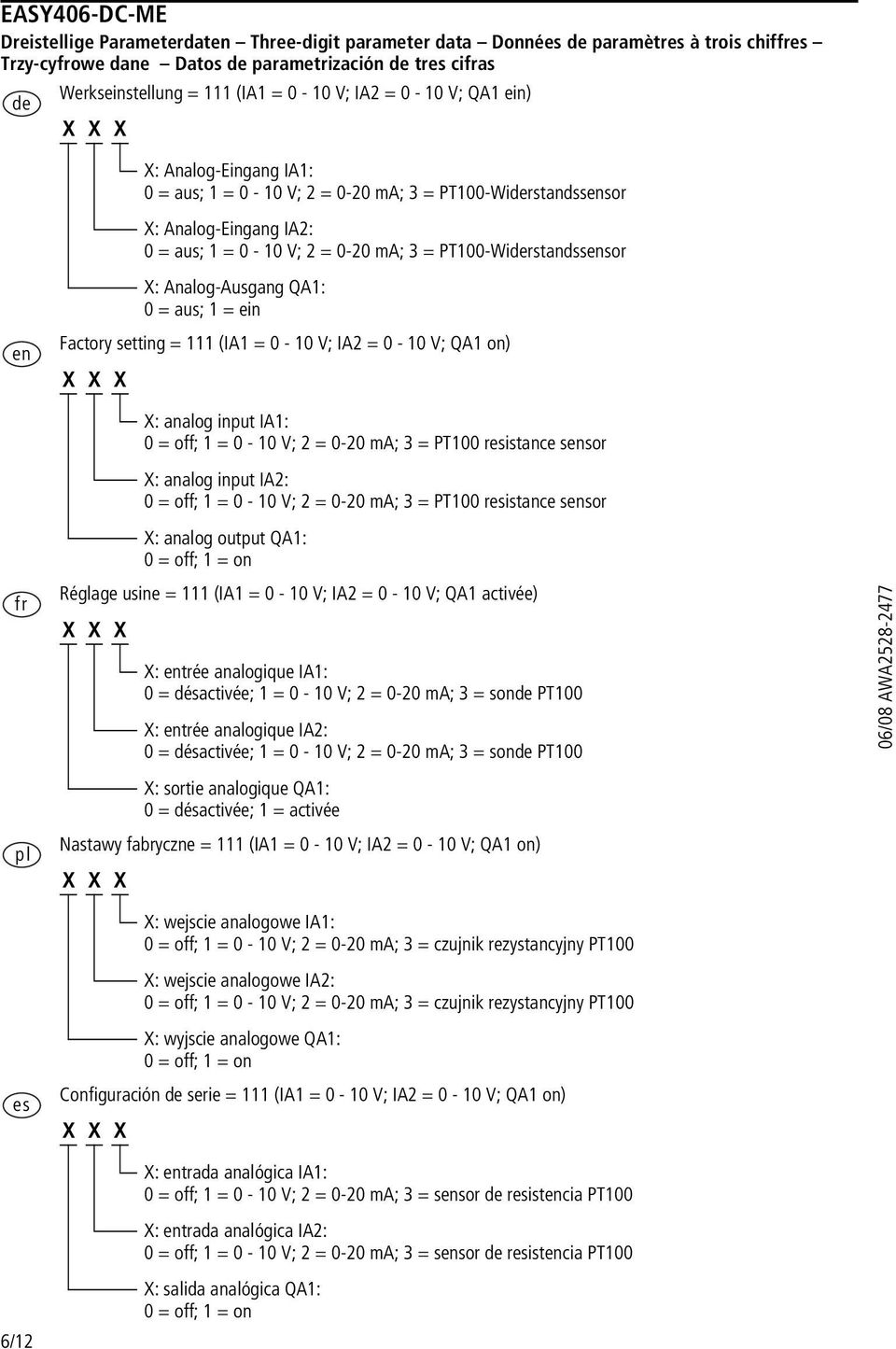 en Fctory settng = 111 (IA1 = 0-10 V; IA2 = 0-10 V; QA1 on) X X X X: nlog nput IA1: 0 = off; 1 = 0-10 V; 2 = 0-20 ma; 3 = PT100 resstnce sensor X: nlog nput IA2: 0 = off; 1 = 0-10 V; 2 = 0-20 ma; 3 =