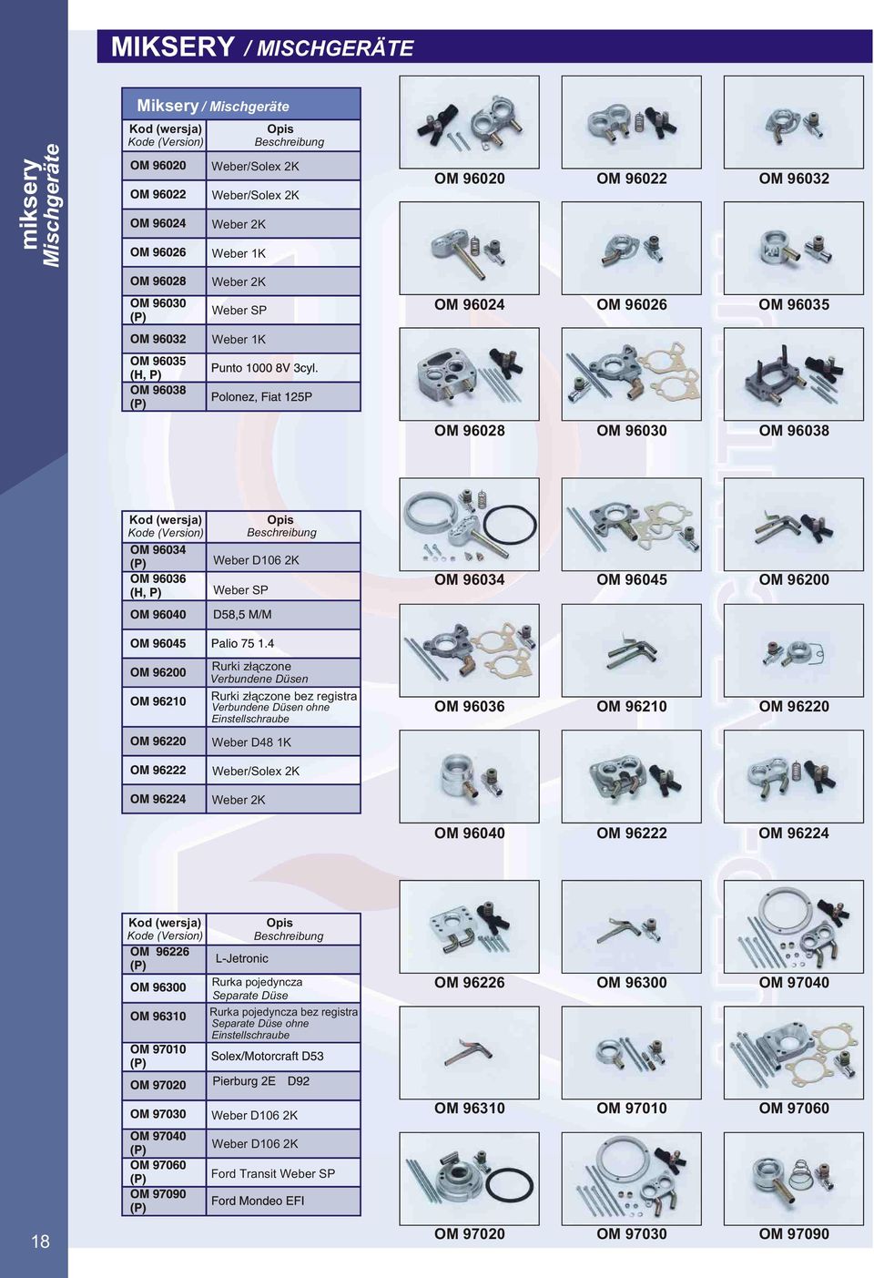 registra Verbundene Düsen ohne Einstellschraube OM 0 OM 0 OM 0 Weber D K Weber/Solex K Weber K OM 00 OM OM (wersja) (Version) Rurka pojedyncza Separate