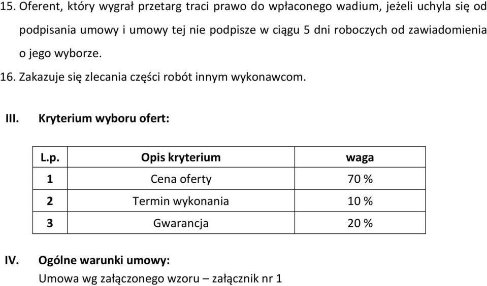 Zakazuje się zlecania części robót innym wykonawcom. III. Kryterium wyboru ofert: L.p.