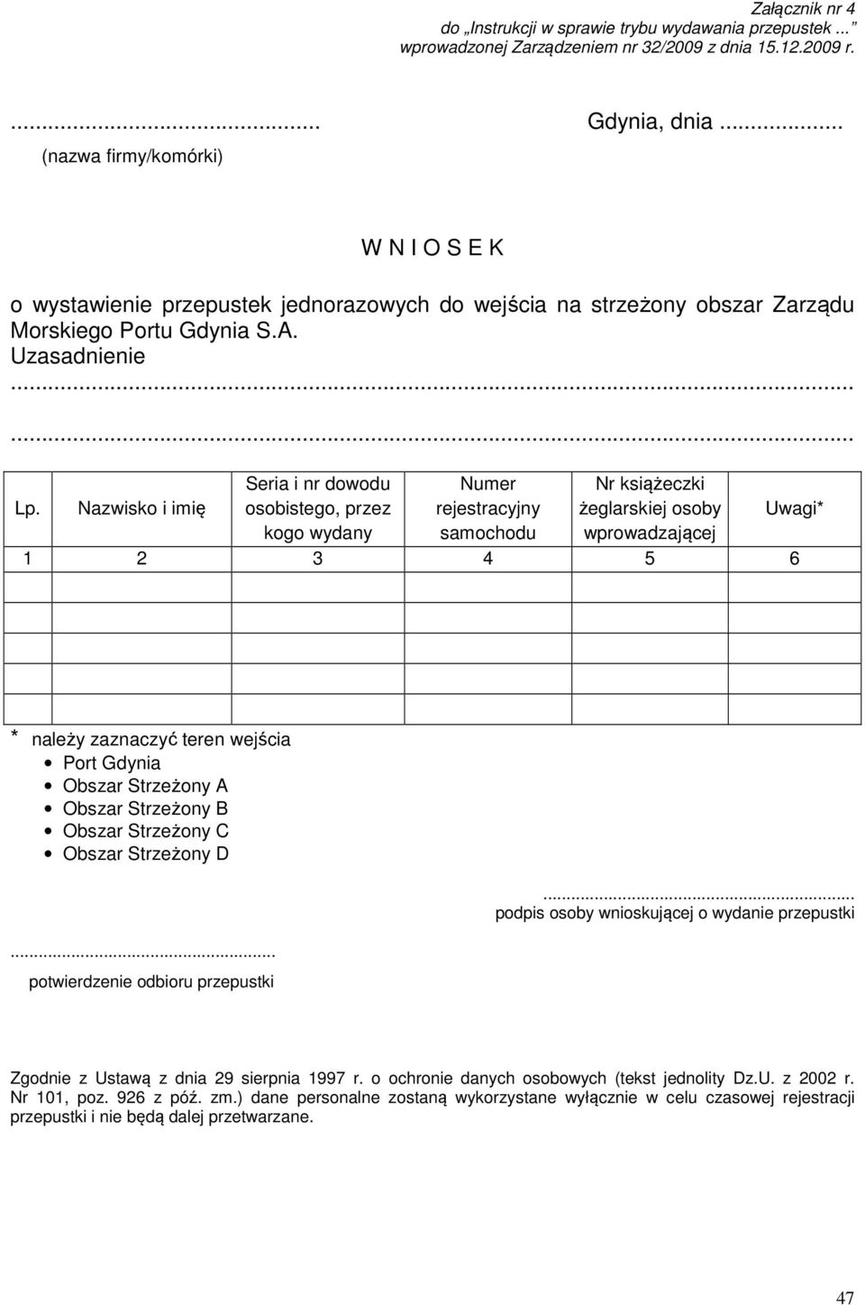 Nazwisko i imię Seria i nr dowodu osobistego, przez kogo wydany Numer rejestracyjny samochodu Nr książeczki żeglarskiej osoby wprowadzającej 1 2 3 4 5 6 Uwagi* * należy zaznaczyć teren wejścia Port