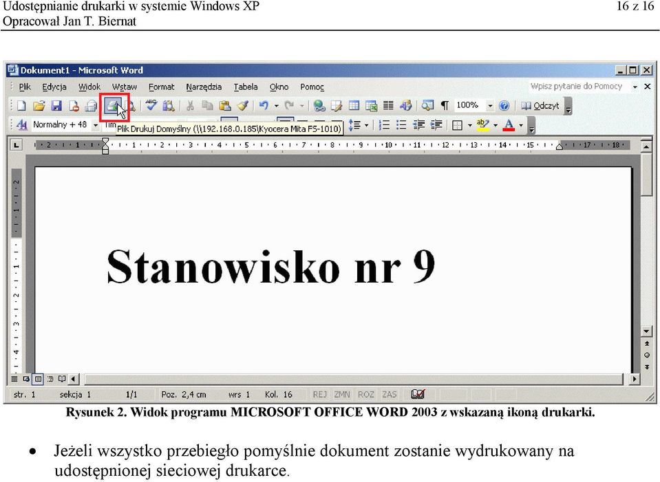 Widok programu MICROSOFT OFFICE WORD 2003 z wskazaną ikoną