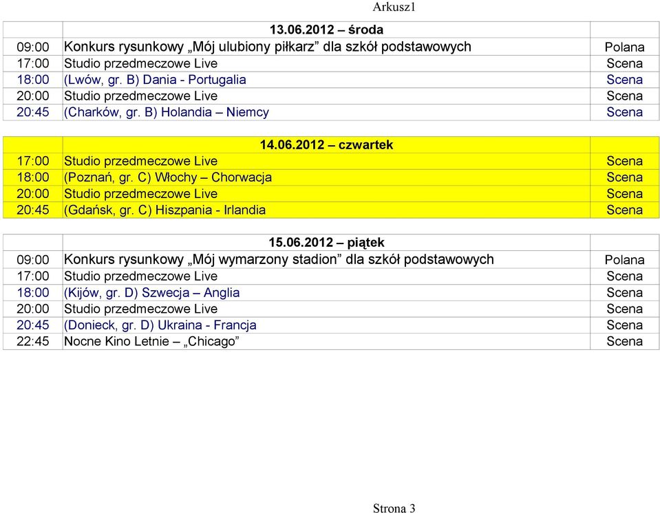 C) Włochy Chorwacja 20:45 (Gdańsk, gr. C) Hiszpania - Irlandia 15.06.