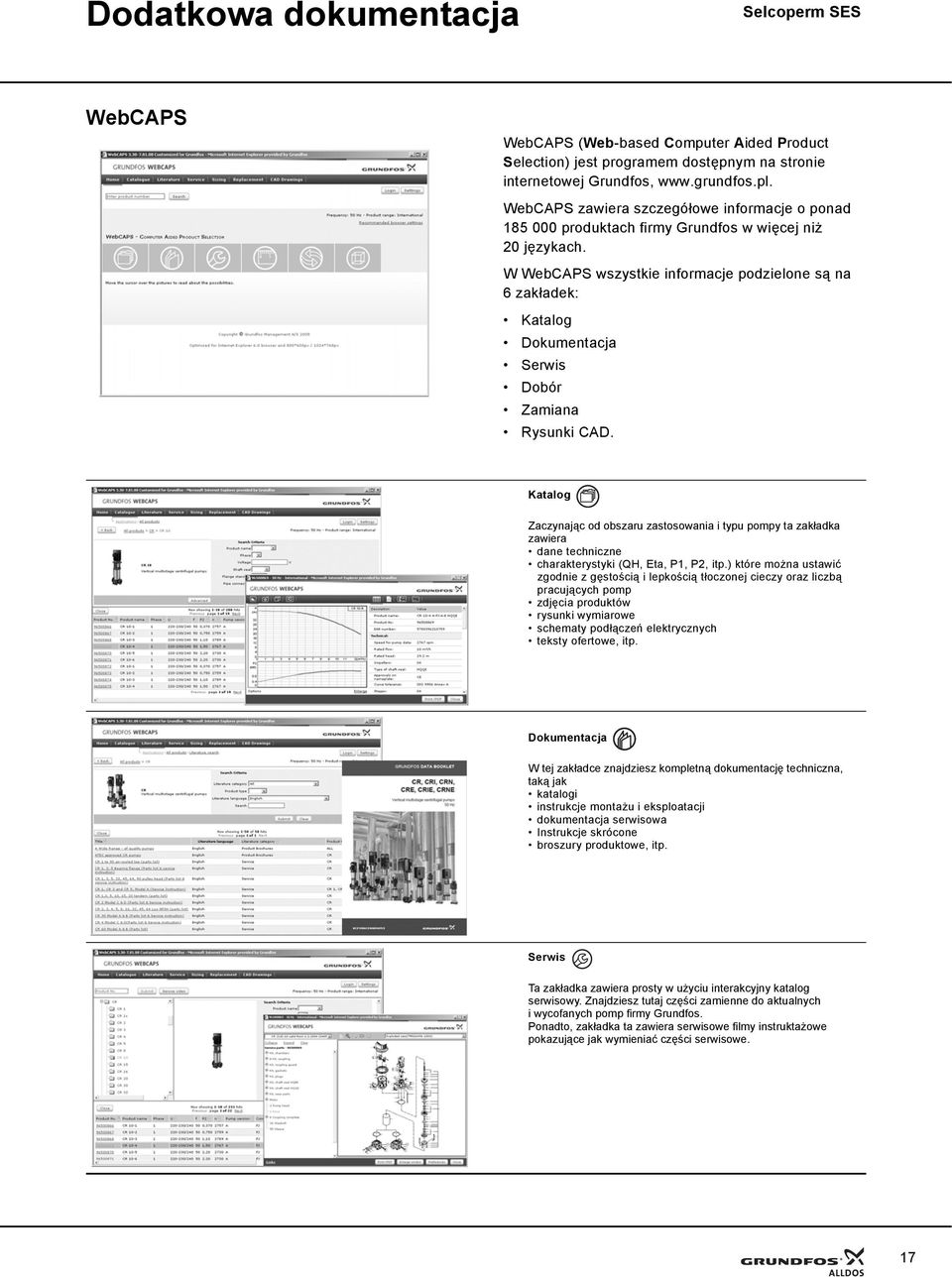 W WebCAPS wszystkie informacje podzielone są na 6zakładek: Katalog Dokumentacja Serwis Dobór Zamiana Rysunki CAD.