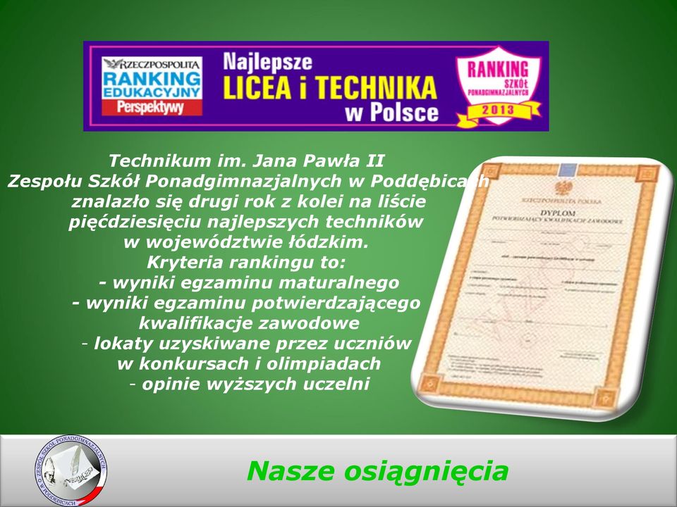 liście pięćdziesięciu najlepszych techników w województwie łódzkim.