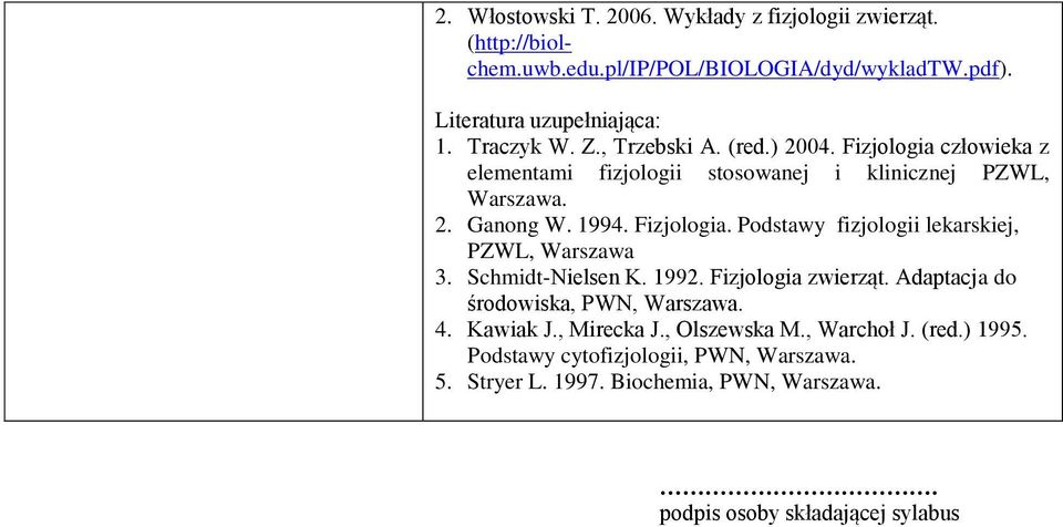 Schmidt-Nielsen K. 1992. Fizjologia zwierząt. Adaptacja do środowiska, PWN, Warszawa. 4. Kawiak J., Mirecka J., Olszewska M., Warchoł J. (red.) 1995.