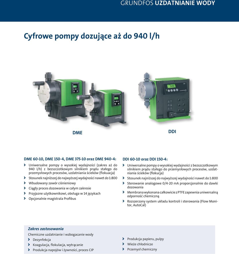 całym zakresie Przyjazne użytkownikowi, obsługa w 14 językach Opcjonalnie magistrala Profibus DDI 60-10 oraz DDI 150-4: Uniwersalne pompy o wysokiej wydajności z bezszczotkowym silnikiem prądu