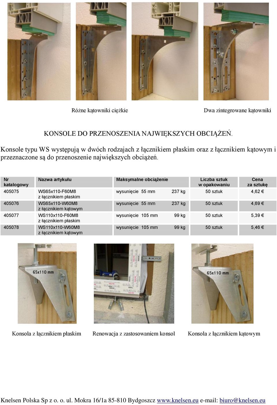 Nr katalogowy Nazwa artykułu Maksymalne obciążenie 405075 WS65x110-F60M8 z łącznikiem płaskim 405076 WS65x110-W60M8 z łącznikiem kątowym 405077 WS110x110-F60M8 z łącznikiem